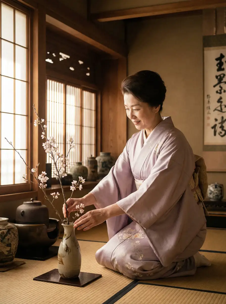 一位优雅的 彩乐园平台 在和室中插花